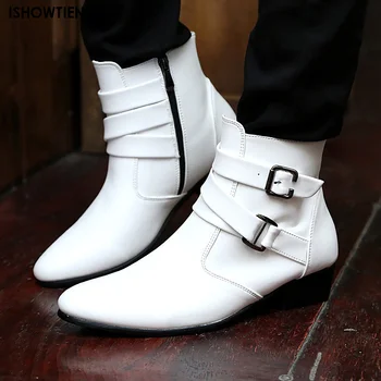 Нови мъжки ботуши за езда от изкуствена кожа, трендови къса обувки в стил ретро на дебелите ток със страничен цип, класически каубойски ботуши в западен стил, хит на продажбите Изображение