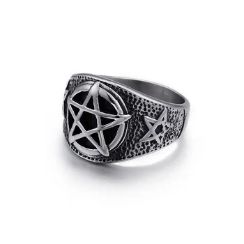 Новото ретро мъжки пръстен от титанов стомана, мъжко властное пръстен от неръждаема стомана, пръстен с шестолъчната звезда Изображение