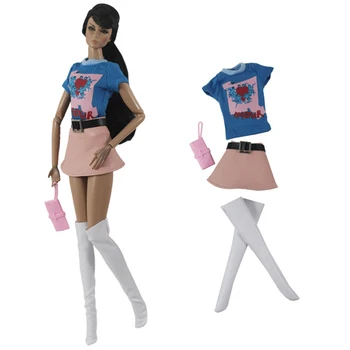 Официален NK, 1 комплект, кукла костюм за всеки ден, облекло за парти, синя риза + панталон + Чанта + Бял отглеждане за аксесоари на куклата Барби Изображение