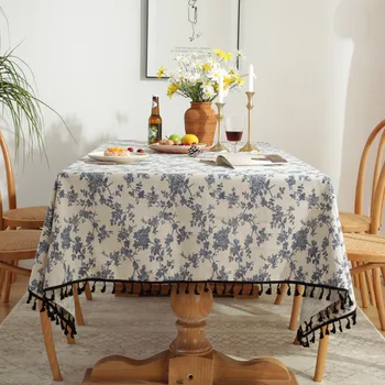 Покривката от памук и лен, европейската ретро покривка с принтом божур, правоъгълен за маса, завеси с пискюли Изображение