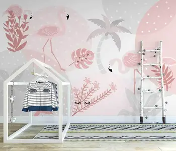 Потребителски тапети ръчно рисувани прост фламинго вътрешна фонова стена на розов фон детска стая стенописи, 3D тапети Изображение