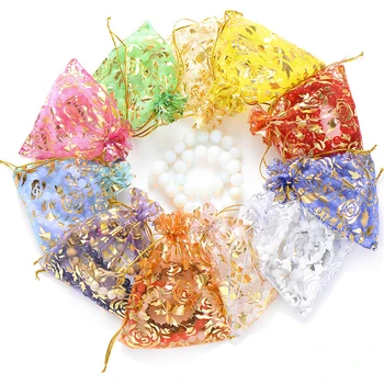 Продажба на едро, 50 бр./лот, 11 цвята, дамски чанти от органза с завязками във формата на рози за сватбени партита, чанти за бонбони, чанти за съхранение на бижута Изображение