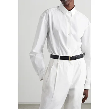 Пролетно-лятна нова памучен проста черно-бяла однотонная свободна ежедневни универсална базова риза с дълъг ръкав за жени Изображение