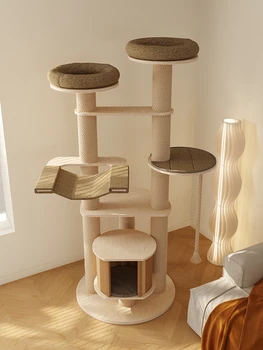 Рамка за катерене котки от масивно дърво серия Mezzan Karl, рафт за котки с гнездо за котки, голяма играчка за котки, дърво за котки, вградена стойка за захващане на котки Изображение