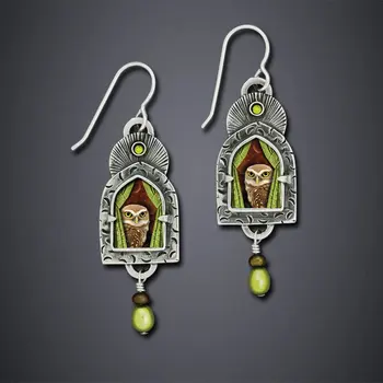 Реколта маслинено-зелени дълги обеци с перли и совой, алуминиева дограма, завеси в древнеегипетском племенно стил, украсени с перли и кристали, ефектни обеци Изображение