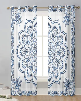 Ретро-синята завеса с изображение на мандала, тюлевые пердета за хола, кухненски пердета за обработка на прозорци, завеси вуалевые Изображение