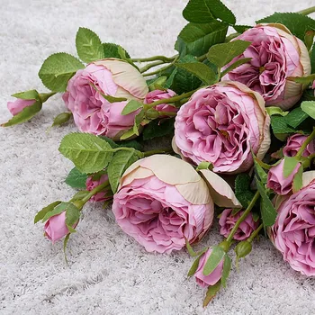 Розово-Червени Рози с 3 глави, изкуствени цветя, фалшиви цветя на сватбени цветя за Деня на Свети Валентин, домашен фотография, фини копринени цветя Изображение