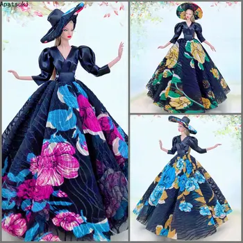 Романтично черно френско рокля с цветен модел за Барби кукли, дрешки ръчно изработени, вечерна рокля и голяма шапка, аксесоари за кукли 1: 6, детски играчки Изображение