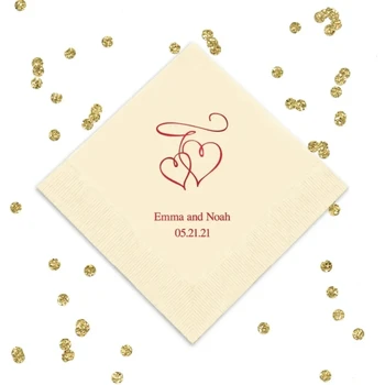 Сватбени кърпички за поръчка 50 бр - Салфетки с Принтом във формата на сърце - Годишнина салфетки - Персонализирано парти по повод Ангажименти - Коктейл - Обяд Изображение