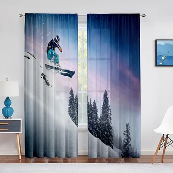 Скиор, катающийся на ски във Високите планини, екстремни зимни спортове, шифоновые прозрачни завеси за хол, спалня прозорци, воали, тюлевая завеса Изображение