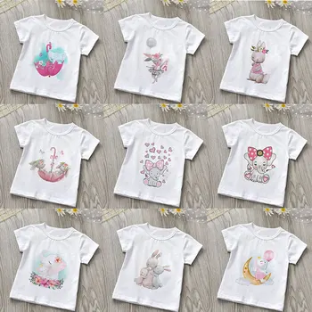 Скъпа модна тениска с слон и заек, забавни върхове с детска графика за момчета и момичета, прости ежедневни летни блузи 2021 с къс ръкав и кръгло деколте Изображение