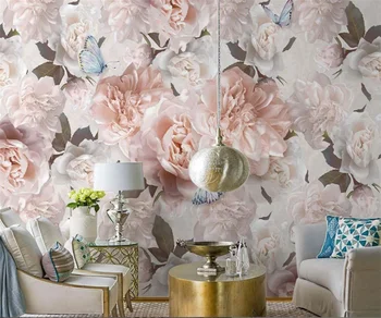 Стенни рисувани в скандинавски стил, европейската роза, романтичен розов цветя, пеперуди, интериор, цветен фон за спални удобства, тапети за стени Изображение