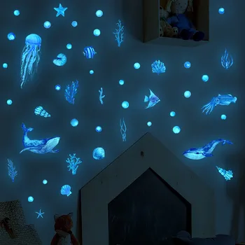 Стенни стикер със светещи морски организми за детски стаи, декориране на дома в спалнята, светещи в тъмното етикети, флуоресцентно декор за дома Изображение