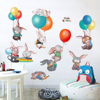 Стикери за стена с анимационни въздушно топка и заек, за украса на стени, детски стаи, Интериор за спални за момчета и момичета, самозалепващи стенни стикери Изображение
