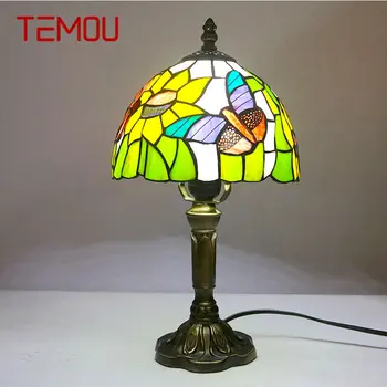 Стъклена настолна лампа TEMOU Тифани LED Color Creative Butterfly Pattern Настолна лампа Декор за дома, хол, Спалня Изображение