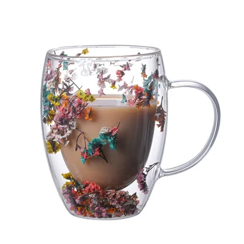 Стъклена чаша с цветя, стъклена чаша с двойни стени, 350 мл, чашата за кафе, Стъклена чаша с двойни стени, Сухи цветя в стъклена прозрачна стъклена чаша Изображение