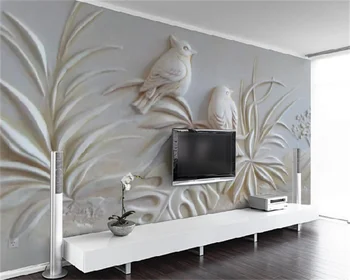 Тапети по поръчка 3D триизмерна перлено бял птичи лист, луксозен фон за телевизора в хола, стенни боядисване, декоративна живопис behang Изображение