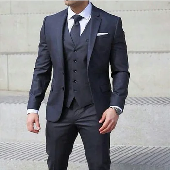 Тъмно сини бизнес мъжки костюми Slim Fit, 3 предмет, смокинг булката за сватбата с панталони, мъжки модерен яке, жилетка, официален костюм Изображение