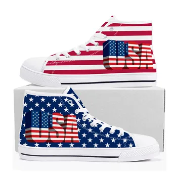 Флаг на САЩ, американските Червени, сини, бели художествени маратонки с най-високо берцем, мъжки, дамски, юношески парусиновые обувки, ежедневни обувки за чифта Обувки по Поръчка Изображение