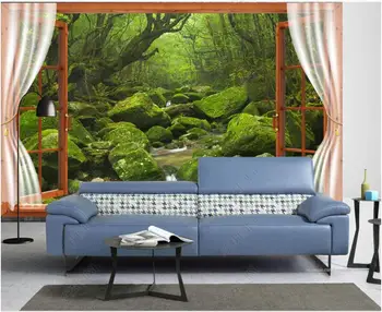 фотообои 3d поръчка, френски прозорец, пейзаж горски поток, спалня, начало декор, тапети на стените, хол 3D Изображение