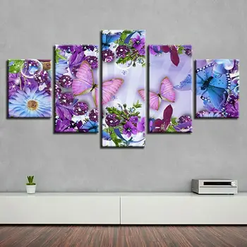 Цветна пеперуда и цвете, 5 панели, печат върху платно, стенно изкуство, живопис върху платно, стенен интериор за дневната, плакат и без рамка Изображение