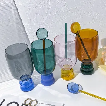 Цветна стъклена чаша с лъжица Стъклена чаша Кафе Чаши за Подарък за рожден Ден за пиене Домашен Декоративен Чаша Кухненски Чаши за Вино Изображение