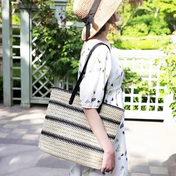 Чанта-тоут за пазаруване, ежедневна дамска чанта с голям капацитет, модни дамски летни плажни сламени тъкани на обикновена чанта на рамото, морски чанти Изображение